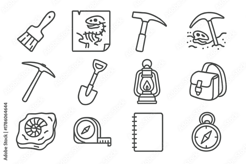 Obraz premium Vintage Paleontology Icons. Line style icons of vintage paleontology: bone brush, field sketch, hammer, excavation; pickaxe,