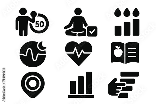 Anti-Aging Lifestyle Icons. Solid style icons of anti-aging lifestyle tracking: fitness + age ring, meditation log icon, hydration