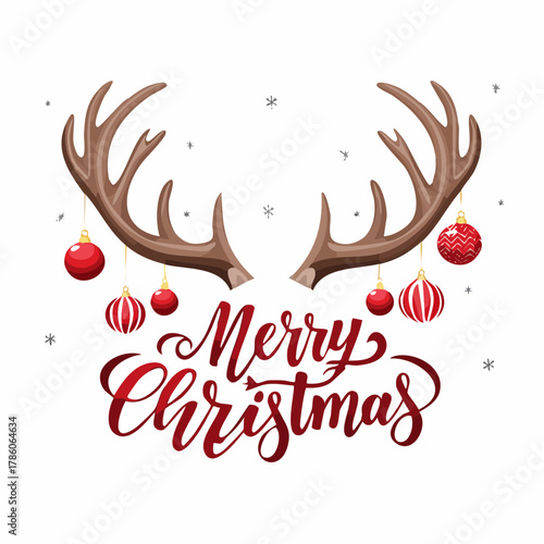 Festive Red Merry Christmas Calligraphy with Decorated Reindeer Antlers and Baubles