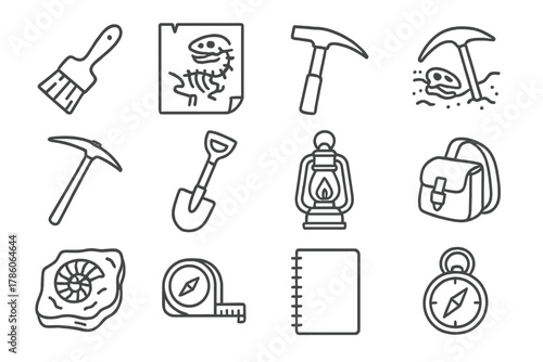 Vintage Paleontology Icons. Line style icons of vintage paleontology: bone brush, field sketch, hammer, excavation; pickaxe,