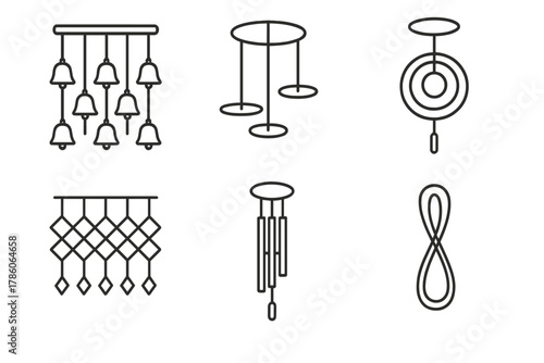Suspended Sound Icons. Line style icons of suspended sound objects: hanging bell grid, floating sound plates, suspended ring tones