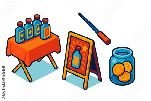 Traveling Salesman's Kit. Isometric vector illustration set Traveling Tonic Salesman Kit: Folding table with samples, exaggerated
