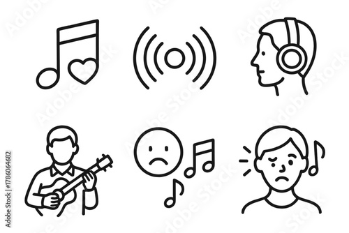 Music Therapy Icons. Line style icons of music therapy course essentials: music note with heart icon, therapeutic sound waves,