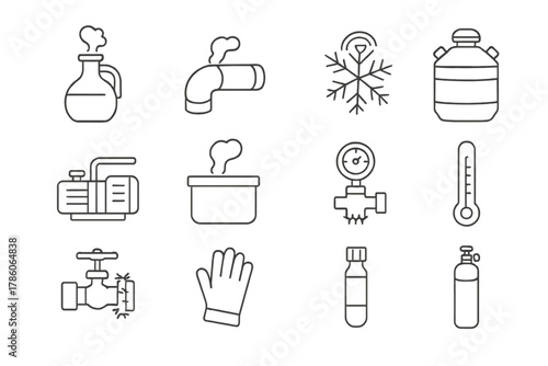 Cryogenic Equipment Icons. Line style icons of cryogenic equipment: liquid nitrogen flask, insulated pipe, frost crystal, storage