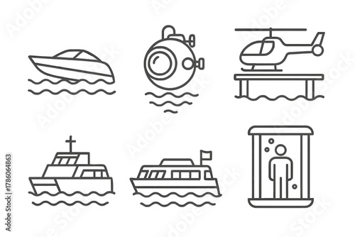 Underwater Hotel Transport Icons. Line style icons of transportation to underwater hotels: luxury speedboat arrival, private