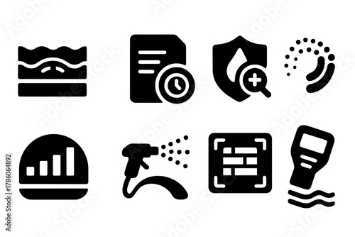 Spray Residue Icons. Solid style icons of spray residue detection: layered paint scan glyph, pigment age icon, forensic droplet