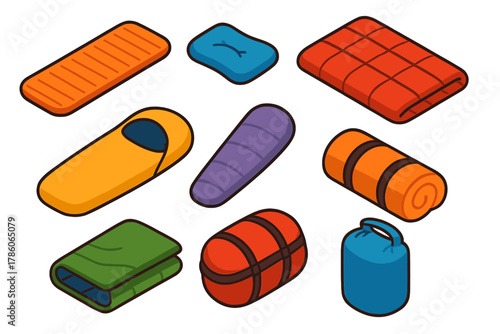 Camping Essentials Icons. Isometric vector illustration set Camping essentials – sleeping pad, inflatable pillow, camping quilt;