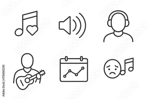 Music Therapy Icons. Line style icons of music therapy course essentials: music note with heart icon, therapeutic sound waves,