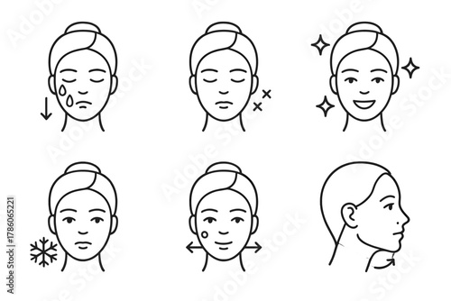 Cryo Facial Benefits Icons. Line style icons of cryo facial skin benefits: reduced puffiness icon, tightened pores symbol, glowing