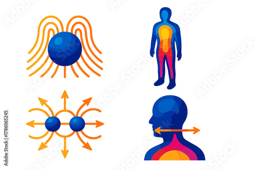 Magnetic Fluid Theories. Isometric vector illustration set Magnetic Fluid Theories: Ether current lines, body energy overlay,