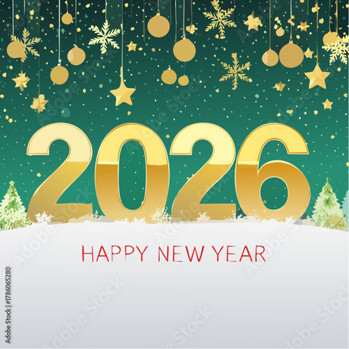 Celebrate the arrival of 2026 with this festive New Year's Eve banner, featuring shimmering gold numbers, sparkling snowflakes, and twinkling stars