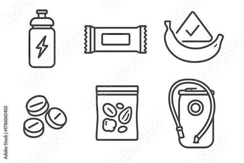 Ultra-Marathon Nutrition Icons. Line style icons of ultra-marathon nutrition: electrolyte drink bottle, energy bar wrapper, banana