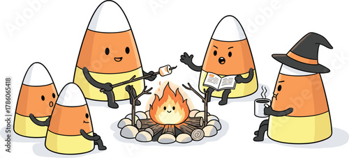 Cute candy corn characters around campfire, Halloween theme, autumn celebration, roasting marshmallow, witch hat, cozy night, festive illustration