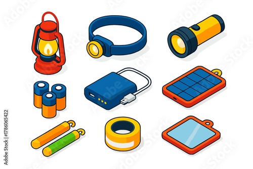 Camping Essentials Icons. Isometric vector illustration set Camping essentials – lantern, headlamp, flashlight; spare batteries,