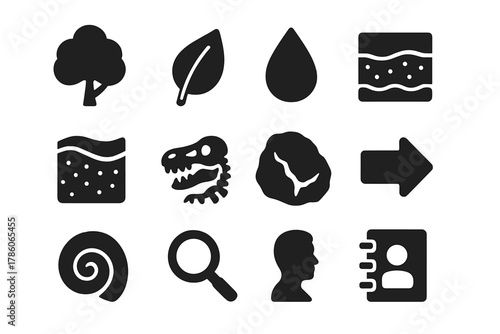 Eco Icons Collection. Solid style icons of ecological context and fossilization: tree, leaf, water droplet, soil, sediment layer,