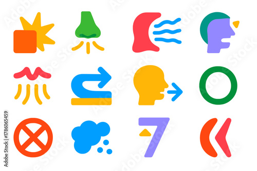 Flat Phoneme Icons. Flat vector icons of consonant sounds: plosive burst, nasal sound wave, fricative hiss, affricate combination,