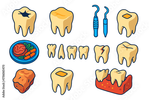 Prehistoric Dental Health Insights. Isometric vector illustration set Paleopathology of dental health: cavities in prehistoric