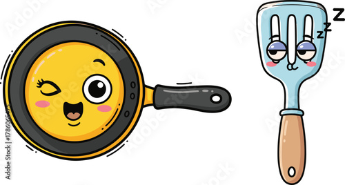 Cute anthropomorphic frying pan and spatula illustration, happy and sleepy kitchen utensils, cartoon cooking tools, children’s food character design