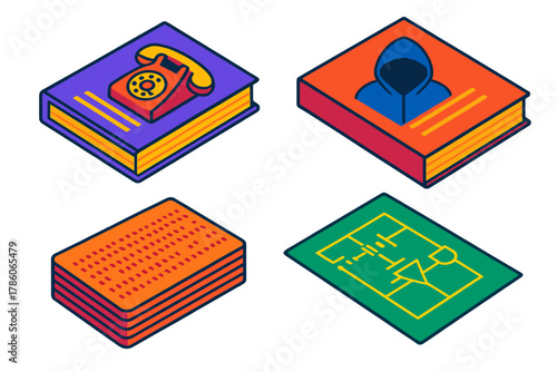 Hacker Culture Artifacts. Isometric vector illustration set Hacker Culture Relics: Hacker zine with phone guide, 2600 Magazine