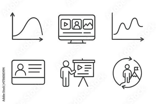 Storytelling Design Icons. Line style icons of storytelling in design thinking: narrative arc icon, storyboarding screen,