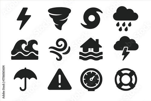 Natural Hazards Icons. Solid style icons of natural hazards and extreme weather: lightning, tornado, hurricane, heavy rain, high