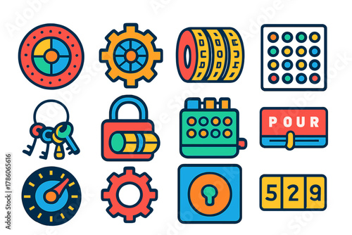 Colorful Cipher Icons. Flat vector icons of complex cipher devices: cipher disk, rotating wheel, code wheel, substitution chart,