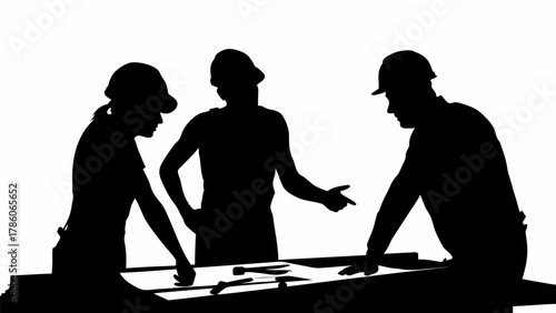 Three construction workers in silhouette reviewing blueprints on a table wearing hard hats and planning work