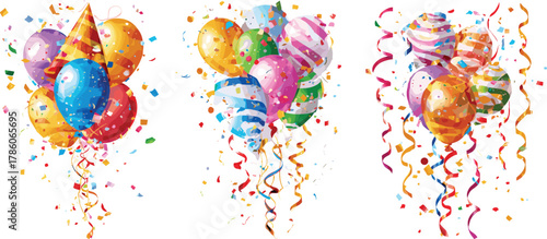 Colorful party balloons with confetti, festive celebration background, birthday decoration, carnival design, vibrant holiday elements, joyful celebration illustration art