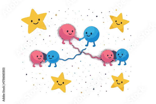 Quantum Entangled Particles. Quantum entanglement scene with pairs of glowing particles holding hands across space, smiling stars
