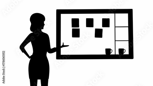 Silhouette of woman presenting a board with sticky notes and cups in a monochrome presentation scene