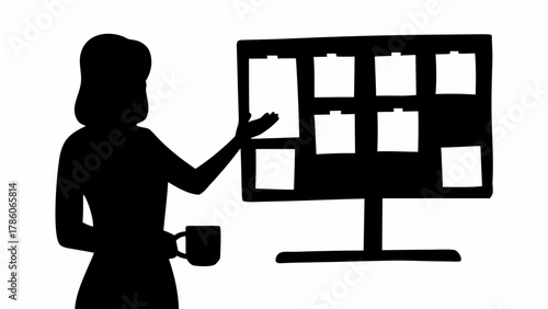 Silhouette of woman with coffee pointing to a board with notes in a minimalist black and white design