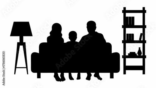 Silhouette of family sitting on sofa with lamp and bookshelf in living room interior design style scene