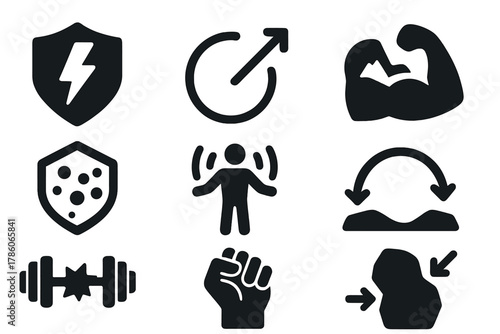 Resilience Icon Set. Solid style icons of resilience building: stress exposure badge, upward growth ring, challenge leads to