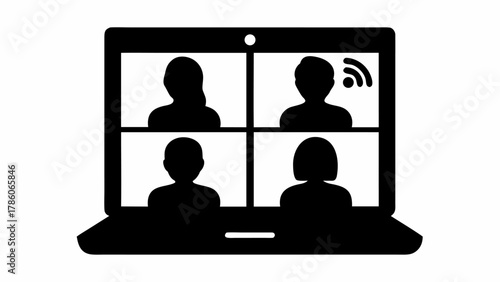Silhouette of laptop displaying four people in a video conference with wifi signal in black and white