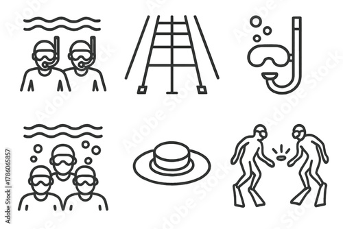 Underwater Game Icons. Line style icons of underwater game environment: rippling light over players, pool lane with shadows, air