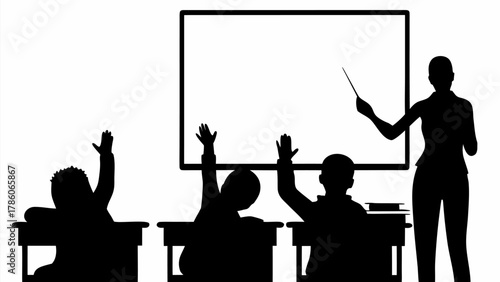 Silhouette of a teacher with pointer and students raising hands in front of a whiteboard in a classroom