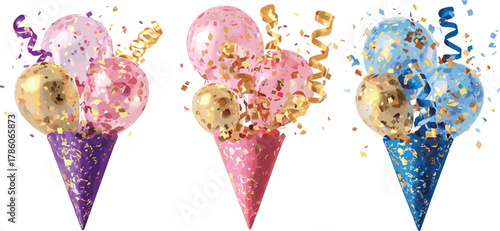 Colorful celebration cones with balloons, confetti, and ribbons, festive party decoration, birthday or holiday background, joyful event concept illustration