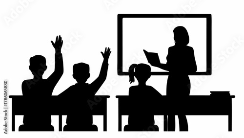 Silhouette illustration of a teacher in front of a whiteboard with students raising their hands in class