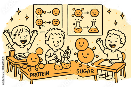 Joyful Chemistry Classroom. Joyful doodle food chemistry classroom with happy students, smiling molecules of proteins and sugars,