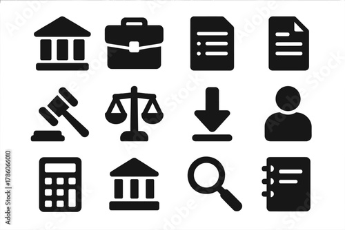Modern Insolvency Icons. Solid style icons of modern insolvency systems: courthouse, briefcase, ledger, document, gavel, scale,