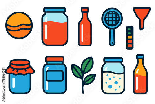 Kombucha Brewing Icons. Flat vector icons of kombucha brewing: SCOBY disk, sweet tea jar, glass bottle, strainer, funnel,