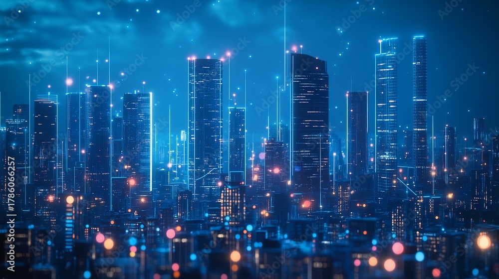 Obraz premium Futuristic Smart City Network Connections Digital Technology Data Communication Modern Metropolis at Night