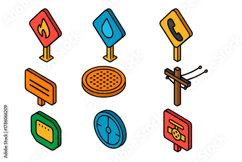 Bright Utility Signs. Isometric vector illustration set Street signs – gas line sign, water main sign, telephone line sign; cable