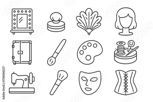 Backstage Icon Set. Line style icons of backstage atmosphere: dressing mirror, powder puff, feather fan, wig stand; wardrobe trunk