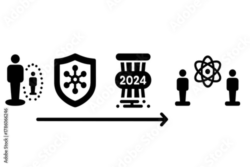 Teleportation Icon Timeline. Solid style icons of teleportation experiments timeline: first teleport success date, landmark trials