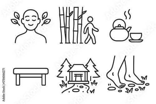 Cultural Forest Bathing Icons. Line style icons of cultural forest bathing: Japanese shinrin-yoku symbol, bamboo grove walk,