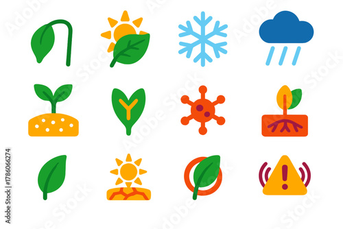 Plant Stress Icons. Flat vector icons of plant responses to environmental stress: wilting leaf, sunburn leaf, frost icon, heavy