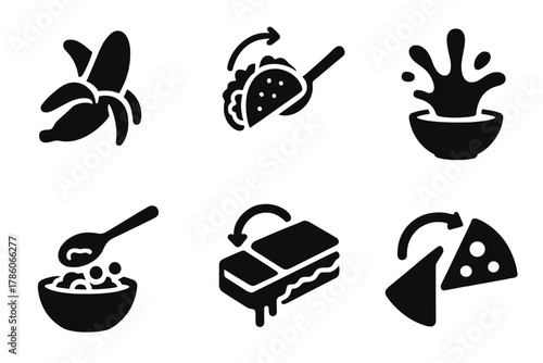 Reversing Food Mechanics. Solid style icons of unexpected food mechanics: self-peeling banana, taco folding back up, soup