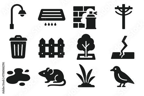 Urban Ecosystem Icons. Solid style icons of Street Ecology: Streetlight, Storm Drain, Graffiti Wall, Power Line, Trash Bin, Fence,