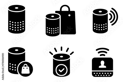 Smart Speaker Icons. Solid style icons of smart speakers in commerce: cylindrical smart speaker, shopping bag next to speaker, AI